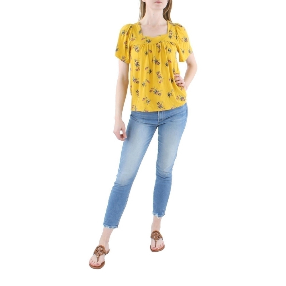 Lucky Brand Floral Print Top Square Neck Short Sleeve Blouse Yellow Size M